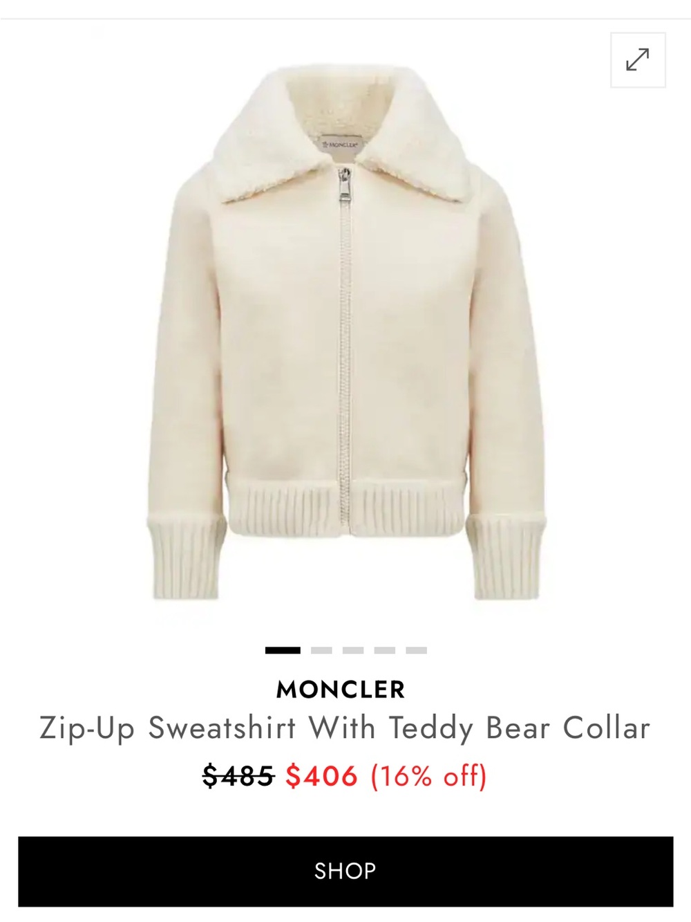 Moncler Cream Zip-Up Hoodie with Teddy Collar